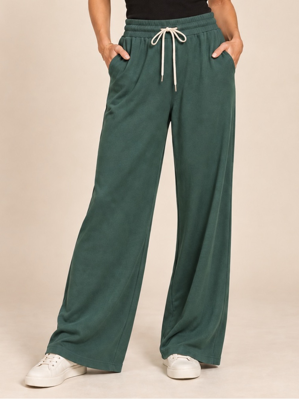 Zenana Dark Green Scuba Drawstring Wide-Leg Pants with Hem Slits